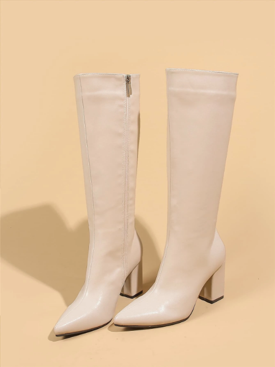 Zipper Side Point Toe Chunky Heeled Classic Boots