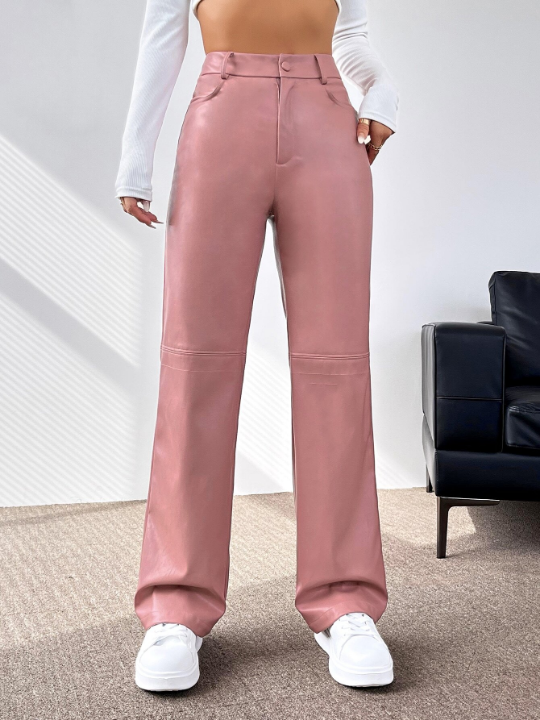 PETITE Solid PU Leather Straight Leg Pants