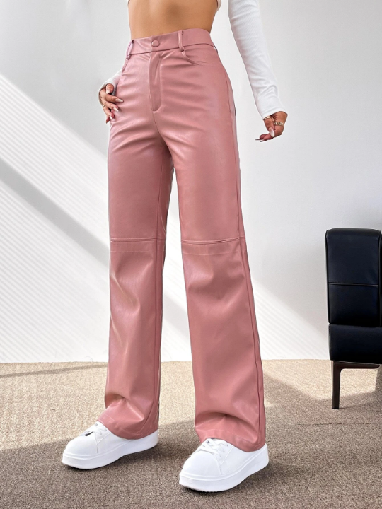 PETITE Solid PU Leather Straight Leg Pants