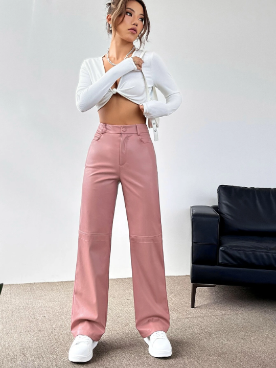 PETITE Solid PU Leather Straight Leg Pants