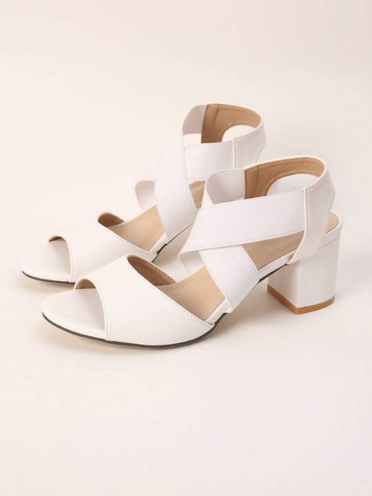 Criss Cross Chunky Heeled Slingback Sandals, White Elegant Solid Color Ankle Strap High Heel Sandals For Women