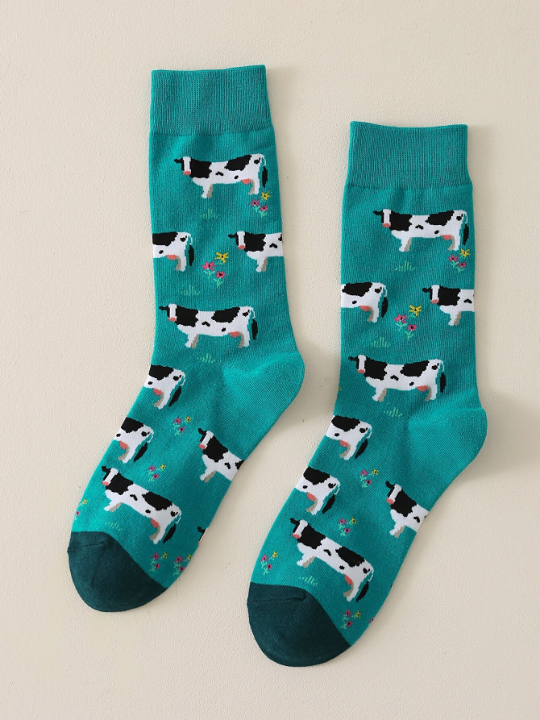 1 Pair Men's Milk Cow Pattern Mid-Calf Socks