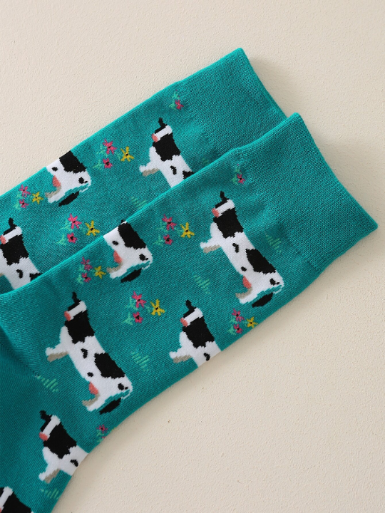 1 Pair Men's Milk Cow Pattern Mid-Calf Socks