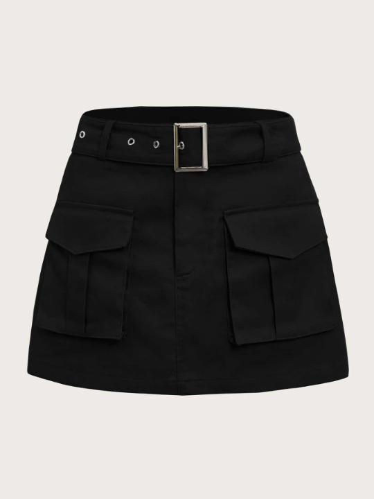 EZwear Grunge Black  Flap Pocket Buckle Belted Cargo Skirt