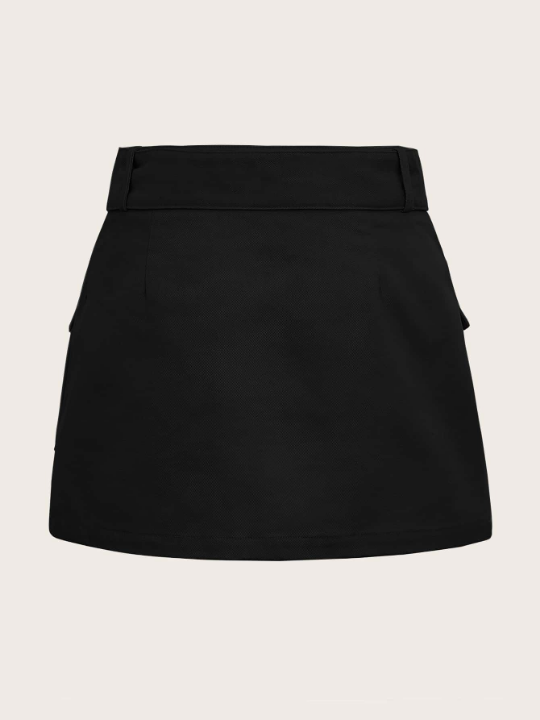 EZwear Grunge Black  Flap Pocket Buckle Belted Cargo Skirt