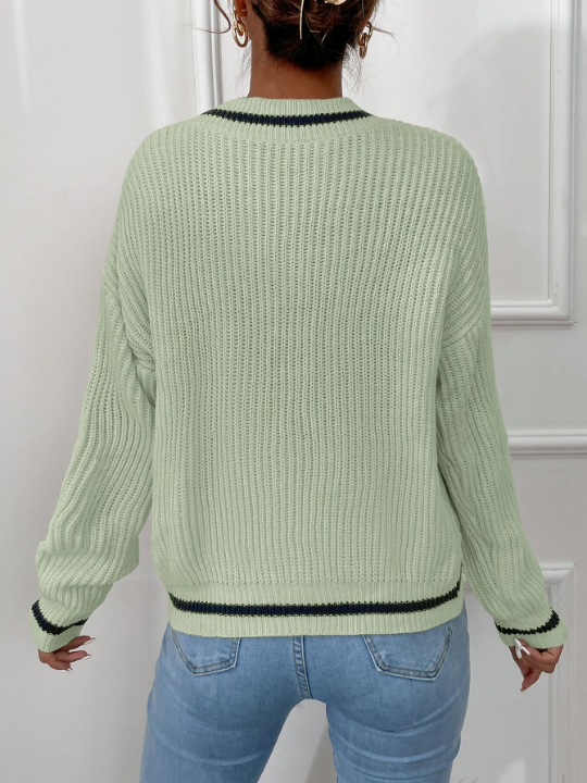 Frenchy Striped Trim Drop Shoulder Cricket Sweater