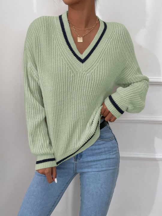 Frenchy Striped Trim Drop Shoulder Cricket Sweater