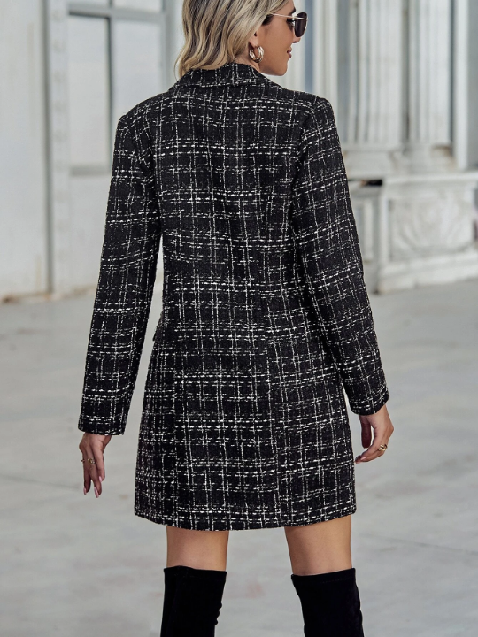 Plaid Pattern Double Breasted Tweed Overcoat