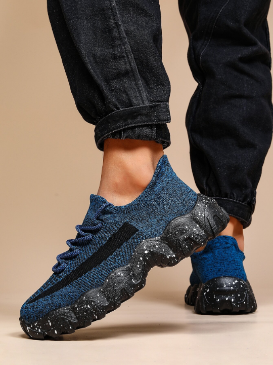 Sporty Blue Sneakers For Men, Lace-Up Front Chunky Sneakers School Shoes