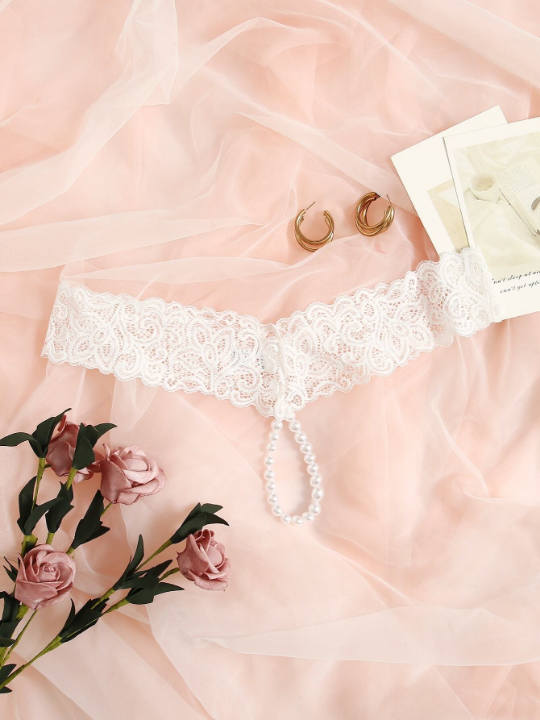 Faux Pearl Decor Floral Lace Panty