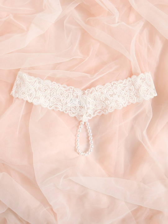 Faux Pearl Decor Floral Lace Panty