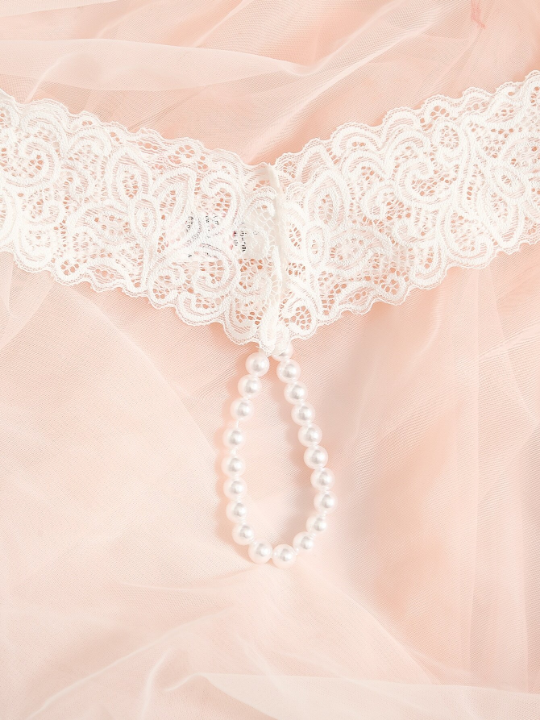 Faux Pearl Decor Floral Lace Panty