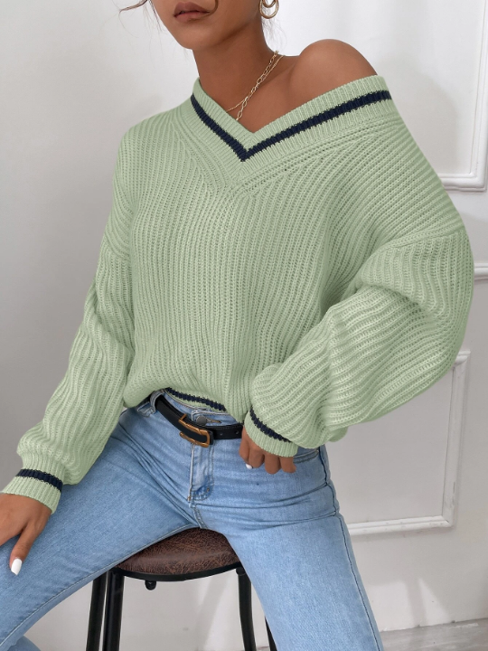 Frenchy Striped Trim Drop Shoulder Cricket Sweater