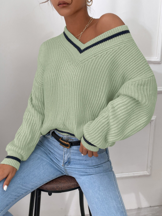 Frenchy Striped Trim Drop Shoulder Cricket Sweater