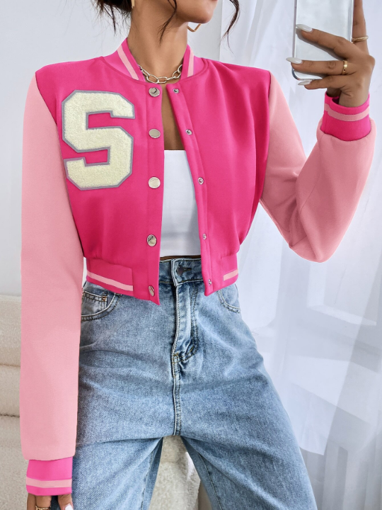 EZwear Letter Patched Crop Varsity Jacket