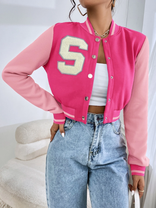 EZwear Letter Patched Crop Varsity Jacket