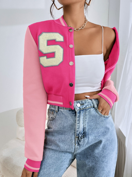 EZwear Letter Patched Crop Varsity Jacket