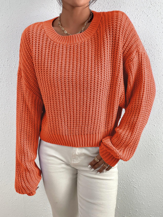 Essnce Solid Ribbed Knit Drop Shoulder Sweater