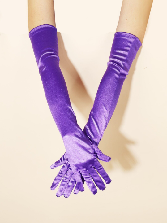 1 Pair Of Women's Purple Elbow Length Satin Gloves, Suitable For Daily Dance Party And Stage Performance