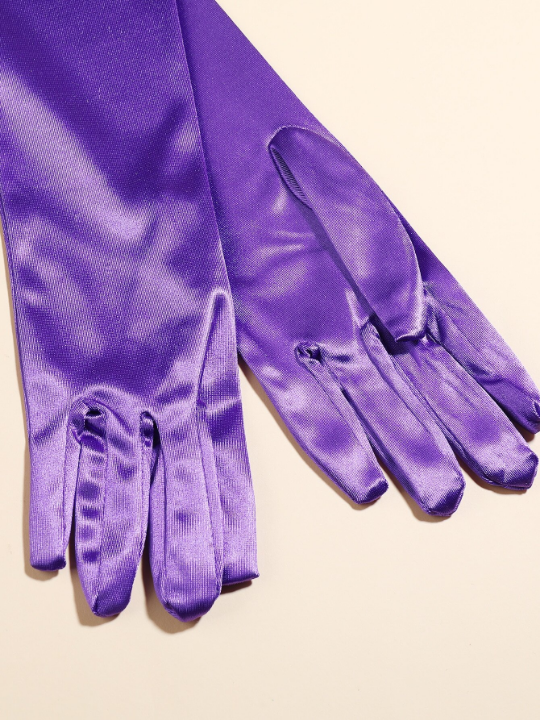 1 Pair Of Women's Purple Elbow Length Satin Gloves, Suitable For Daily Dance Party And Stage Performance