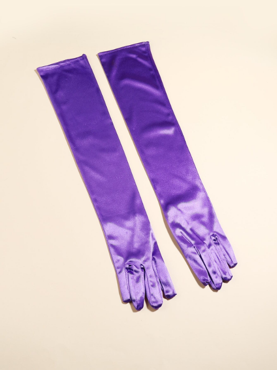 1 Pair Of Women's Purple Elbow Length Satin Gloves, Suitable For Daily Dance Party And Stage Performance