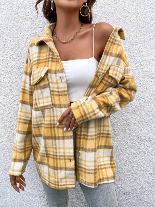 Plaid Flap Pocket Drop Shoulder Overcoat