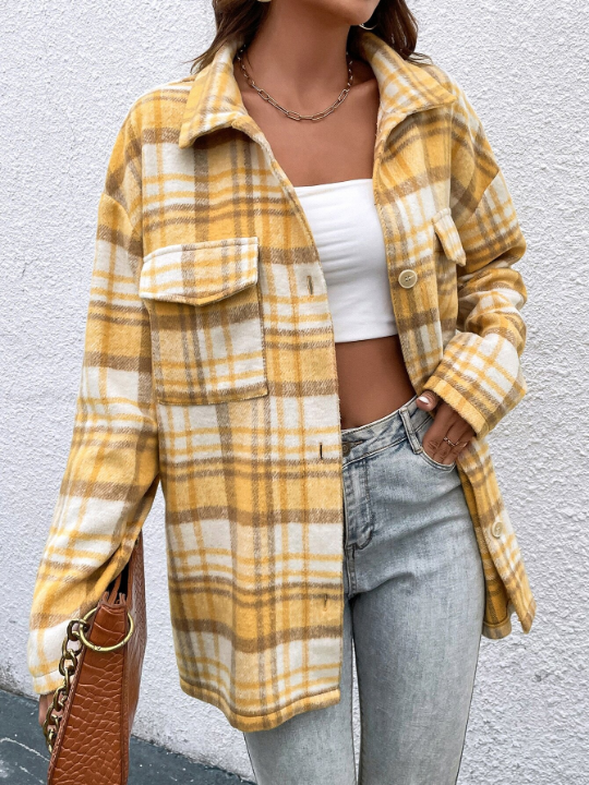 Plaid Flap Pocket Drop Shoulder Overcoat