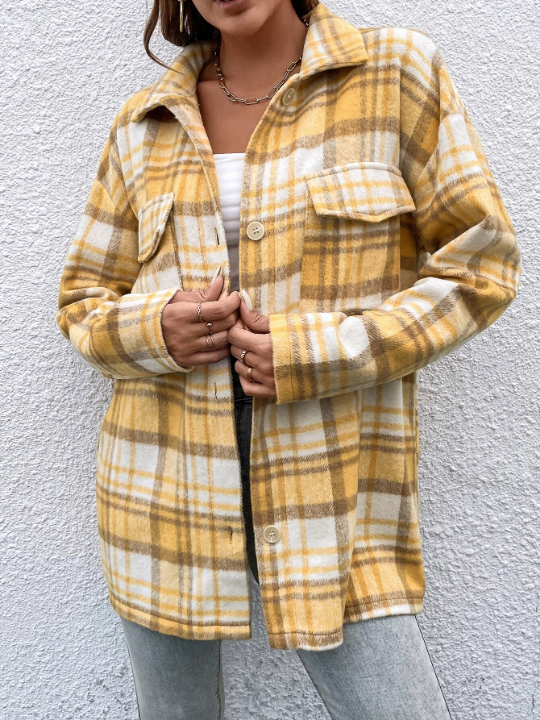 Plaid Flap Pocket Drop Shoulder Overcoat