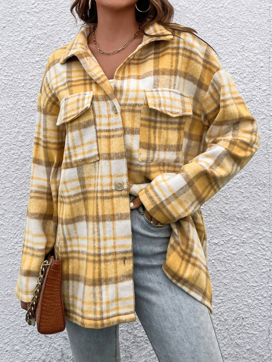 Plaid Flap Pocket Drop Shoulder Overcoat