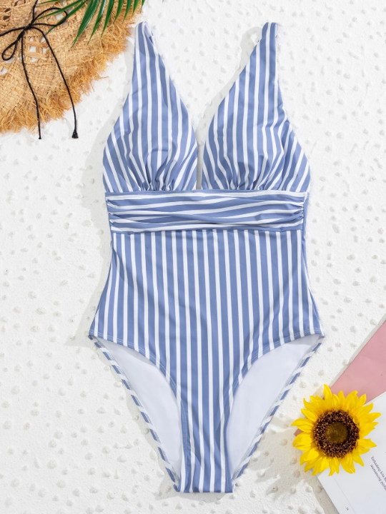 Swim Vcay Striped Plunging One-Piece Swimsuit