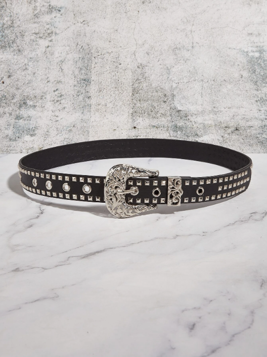 1pc Women's Black Cowboy Buckle Belt With Pu Decoration Western Style & Punk Fashion For Daily Wear Party