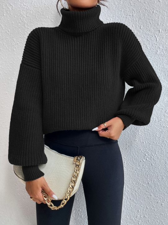 Frenchy Rib-knit Turtleneck Drop Shoulder Sweater