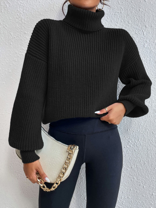 Frenchy Rib-knit Turtleneck Drop Shoulder Sweater