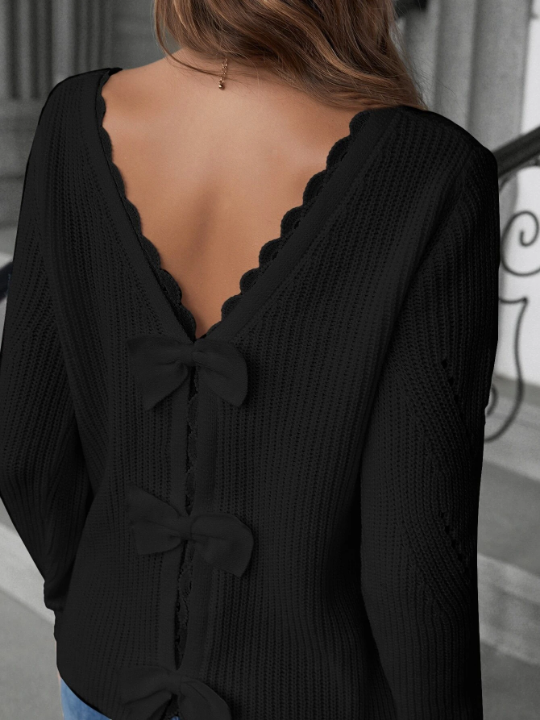 Frenchy Contrast Guipure Lace Bow Back Eyelet Detail Sweater