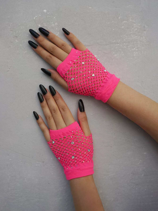 1 Pair Hot Drilling Pink Short Fishnet Decor Party Gloves