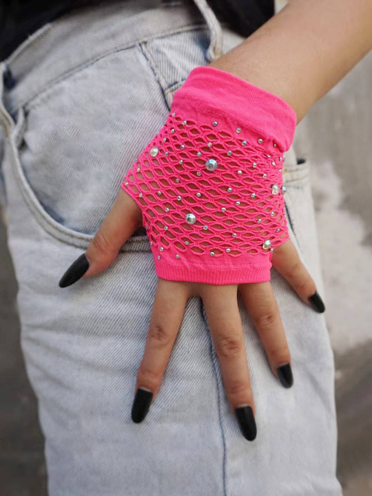 1 Pair Hot Drilling Pink Short Fishnet Decor Party Gloves