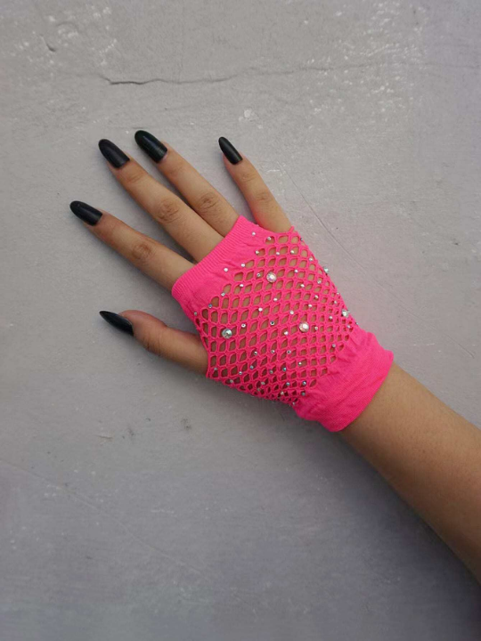 1 Pair Hot Drilling Pink Short Fishnet Decor Party Gloves