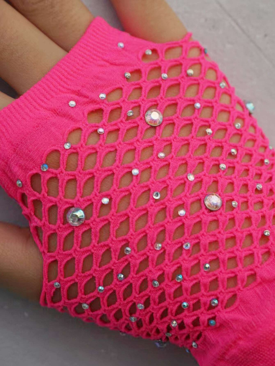 1 Pair Hot Drilling Pink Short Fishnet Decor Party Gloves