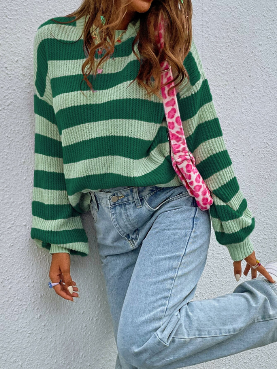 Essnce Striped Pattern Drop Shoulder Sweater