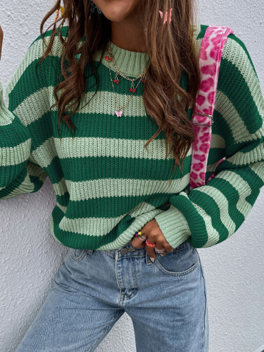 Essnce Striped Pattern Drop Shoulder Sweater