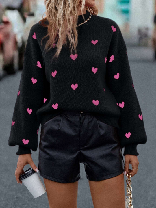 Frenchy Heart Pattern Mock Neck Drop Shoulder Sweater