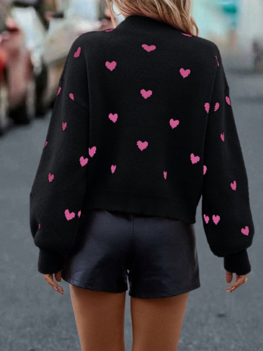 Frenchy Heart Pattern Mock Neck Drop Shoulder Sweater