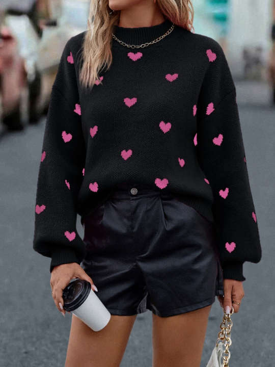 Frenchy Heart Pattern Mock Neck Drop Shoulder Sweater