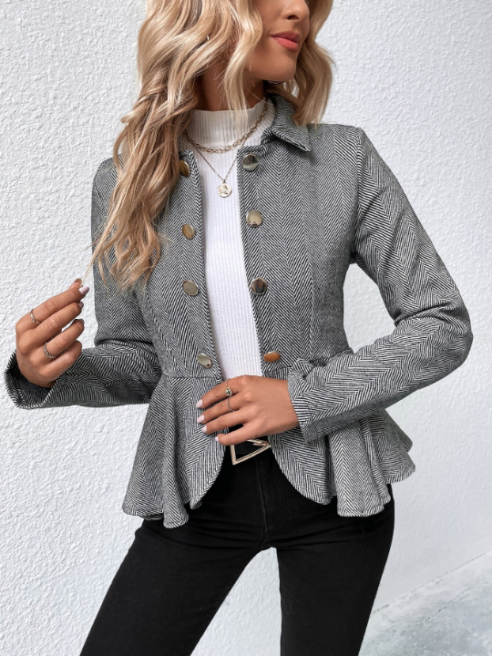 Herringbone Peplum Hem Coat