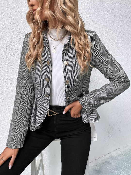 Herringbone Peplum Hem Coat