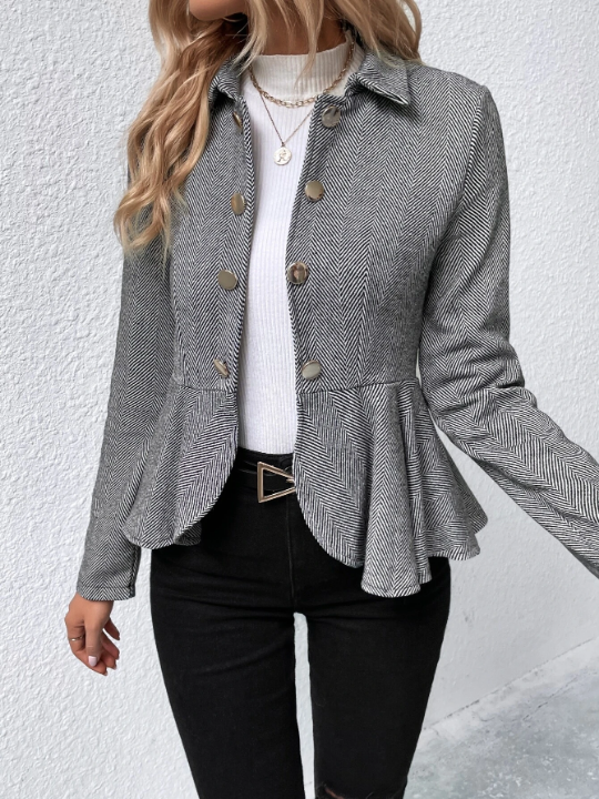 Herringbone Peplum Hem Coat