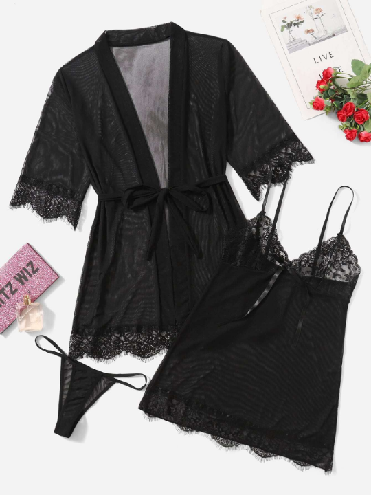 Classic Sexy 3pcs Contrast Lace Mesh Slips With Thong & Belted Robe