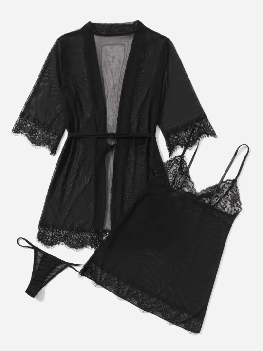 Classic Sexy 3pcs Contrast Lace Mesh Slips With Thong & Belted Robe