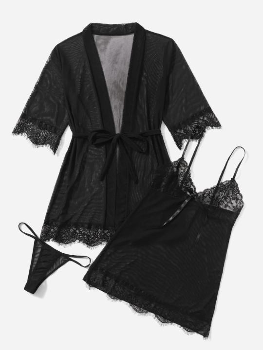 Classic Sexy 3pcs Contrast Lace Mesh Slips With Thong & Belted Robe