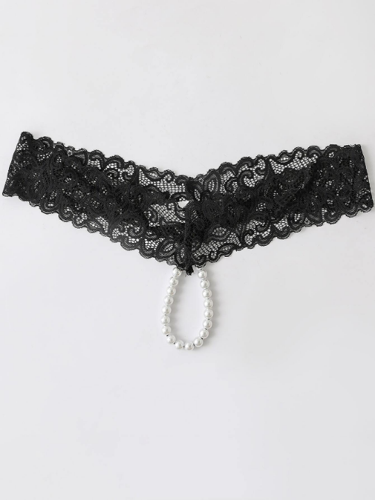 Faux Pearl Decor Floral Lace Panty
